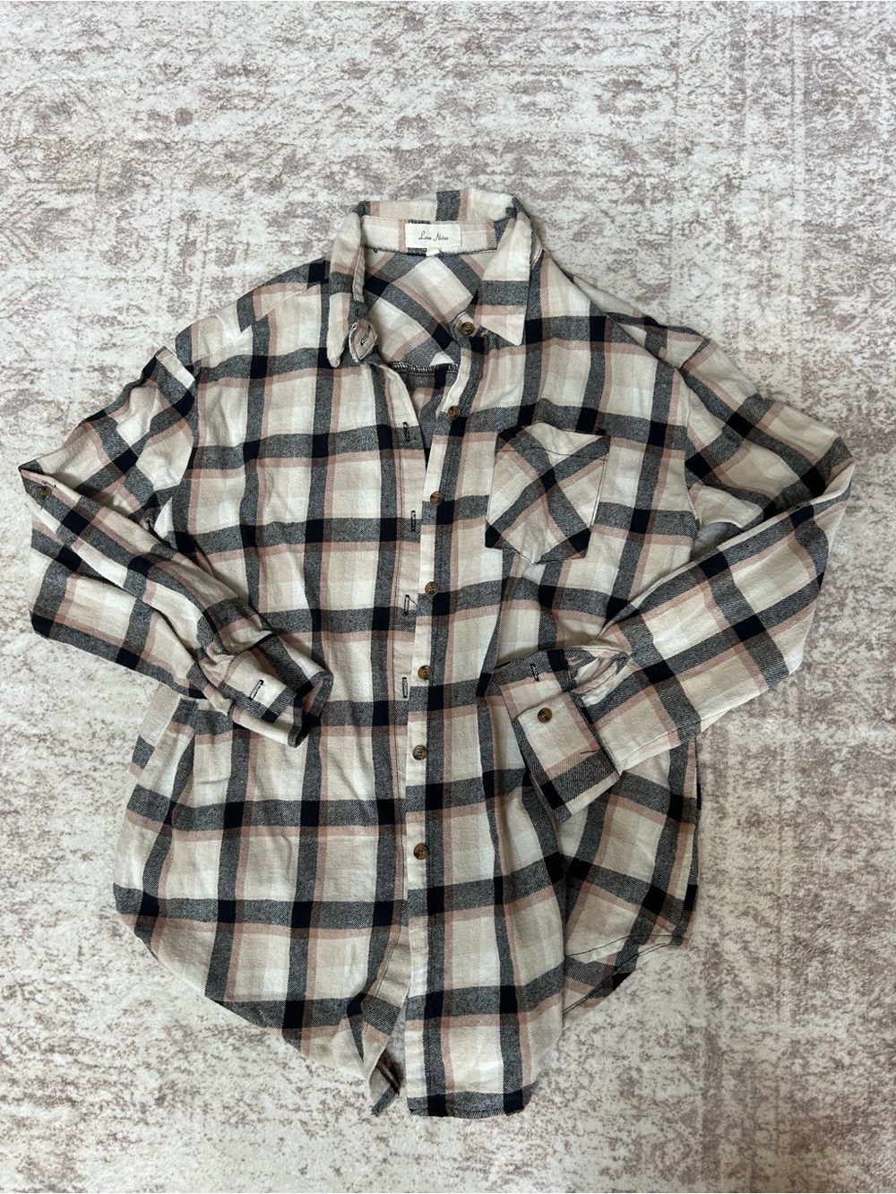 Love Notes Pink Black Cream Plaid Button-Up Shirt